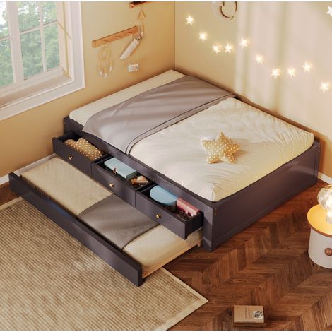Cama nido 90/200 cm de madera color café con 3 cajones y cama extraíble (1/5)