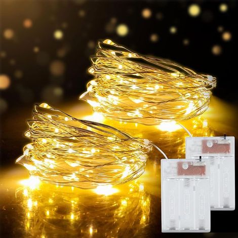 5 Mètres 50 LEDs Guirlande Lumineuse LED à Pile Fil, 2 Modes d'Eclairage, Blanc Chaud, Guirlande Lumineuse Étanche, pour Décoration Noël, Bouteille, Mariage, Jardin, Fête, Lot de 2