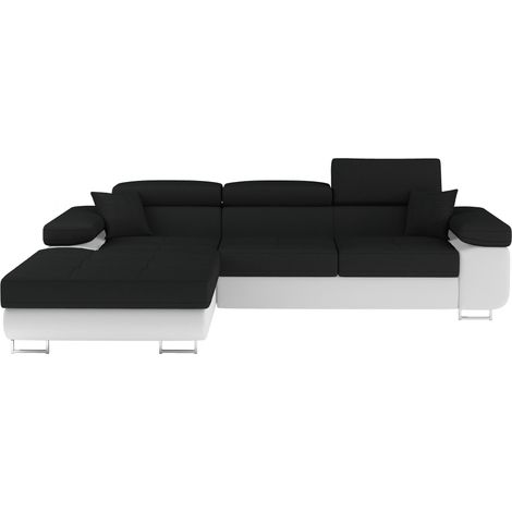 Canapé d'angle convertible appuis-tête réglables KALIZO - Coffre et pieds acier chromé angle gauche-Blanc/Noir-angle gauche (1/5)