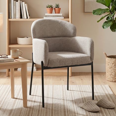 Fauteuil salon rembourré chenille dossier courbé accoudoirs pieds métal marron clair, moderne (1/5)