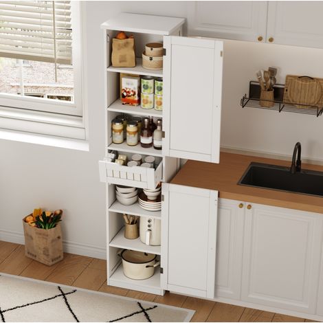 Buffet de rangement 40x30x170 cm avec 2 portes, 1 tiroir et 4 étagères réglables, MDF naturel et - blanc (1/5)