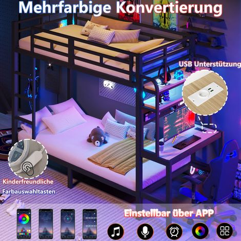 Lit superposé 90x200cm, cadre en acier, espace de stockage intégré, table d'étude, lampe LED, prise USB, garde-corps de sécurité, échelle, non fourni avec matelas, couleur noir (1/5)