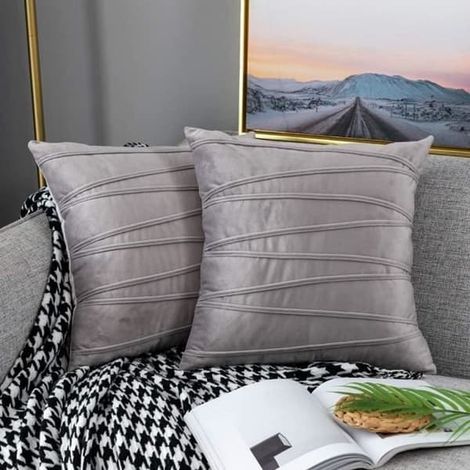 SABIR-Housses de coussin en velours gris clair - Lot de 2 - 50 x 50 cm - Gris clair (1/4)