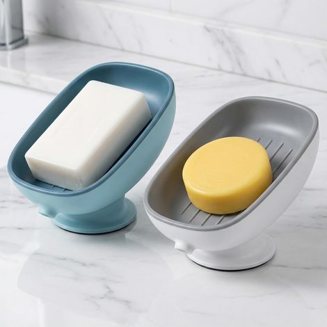 2 Porte-Savon de Douche à Ventouse, Support Savon Plastique en Forme de Feuille pour Salle de Bain et Cuisine - Bleu et Gris