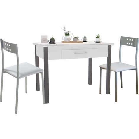 Conjunto de Mesa Extensible con 2 Sillas Cocina, Mesa Extensible 140 cm, Muebles de Cocina Blanco y Gris (1/5)