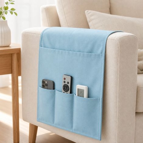 Pochette de Rangement pour Accoudoir de Canapé en Toile Bleu Lac, 36 x 82 cm, Multi-Compartiments pour Télécommandes et Magazines, sans Outils, Style Japonais (1/5)