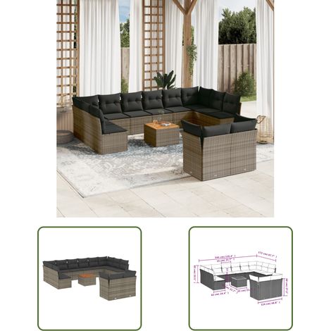 The Living Store 13-tlg. Garten-Sofagarnitur mit Kissen Grau Poly Rattan - Gartensortiment - Outdoor Möbel - Lounge Set - Gartenlounge - Esstischset (1/3)