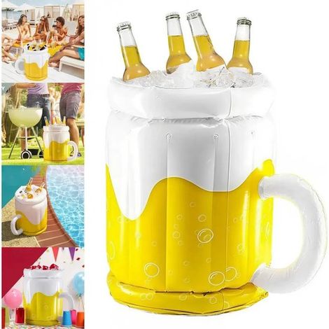 Refrigeratore gonfiabile per bevande con secchiello per il ghiaccio - Refrigeratore galleggiante in PVC per feste, giardino e piscina - Giallo - 50 x 44 cm