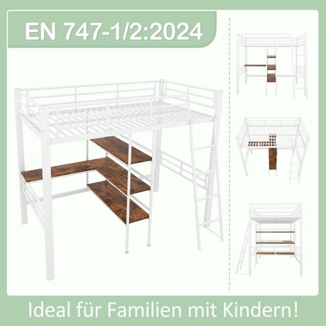 Lit mezzanine 90x200 cm sans matelas, bureau intégré, étagères multiples, garde-corps, échelle, cadre en fer blanc, structure métallique pour chambre enfant. (1/5)