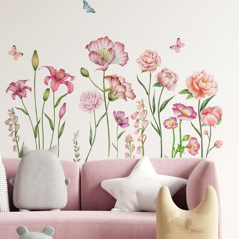 Stickers Muraux Fleurs Rosa Autocollant Mural Papillon Floral Deco Stickers Salon Salle de Bain Chambre Enfant Bébé Décoration (1/5)