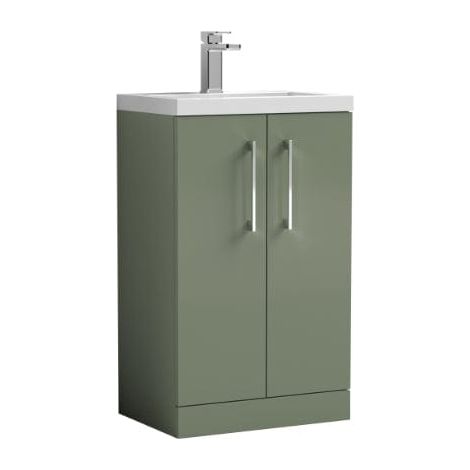Nuie Arno Compact Satin Green 600mm 2 Door Wall Hung Vanity Unit and Ceramic Basin - PAL119E (1/5)