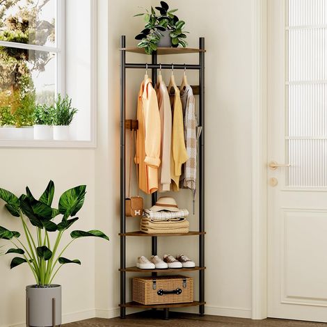 Corner Coat Rack with 4 Shelves and Shoe Bench, Standing Coat Rack with 6 Hooks, Space-Saving Corner Clothes Rack for Hallway, Bedroom and (1/5)