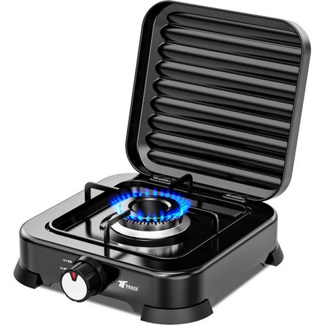 Réchaud à gaz 1 brûleur avec couvercle Cuisinière portable Gaz butane et propane Corps en acier inoxydable Chaleur régla (1/5)