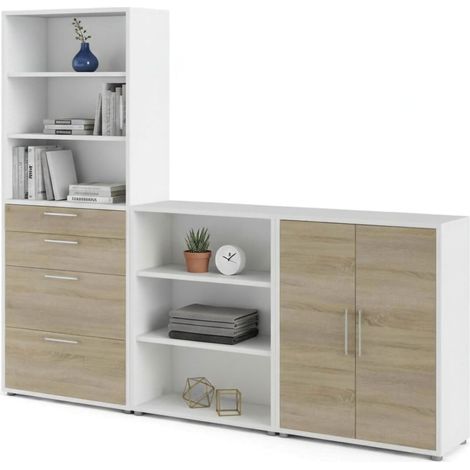 Dmora - Credenza Acceglio, Buffet da soggiorno, Madia da salotto, Dispensa da cucina, 267x40 h222 cm, Bianco e Quercia