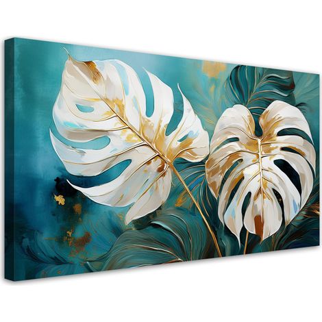 Tableau déco Feuilles blanches de monstera turquoise 100x50 (1/5)