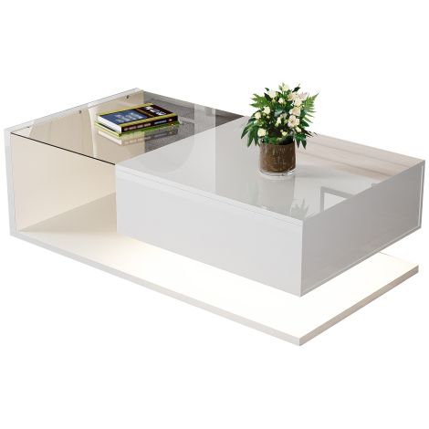 Table basse blanche brillante 105 x 55 cm avec plateau en verre trempé, rangement intégré 60 x 17 cm et éclairage LED réglable 16 couleurs