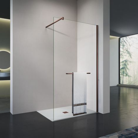 GRAND VERRE Élégance Rosée Cloison de douche en verre avec porte-serviette en alu rose d'or, barre de fixation recoupable 90 cm 80x200 (1/5)