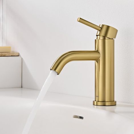 Robinet de lavabo acier inoxydable doré brossé, mitigeur salle de bain monocommande hauteur 180mm, aérateur anti-éclaboussure, flexible 3/8 pouces (1/5)