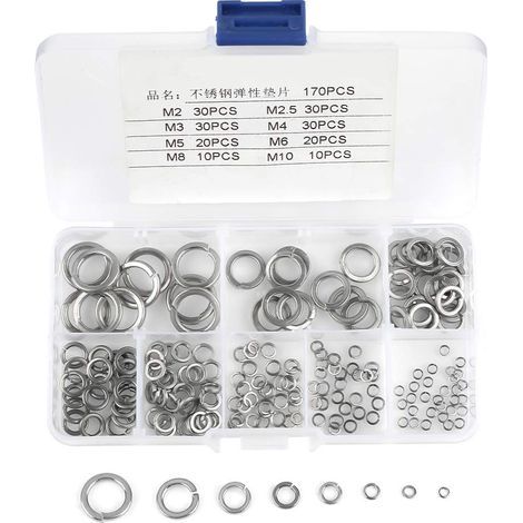 180pcs 8 Taille Coffret Assortiment de Rondelles de Ressort en acier inoxydable 304, Kit Rondelles de Ressort M2 M2.5 M3 M4 M5 M6 M8 M10 (1/5)