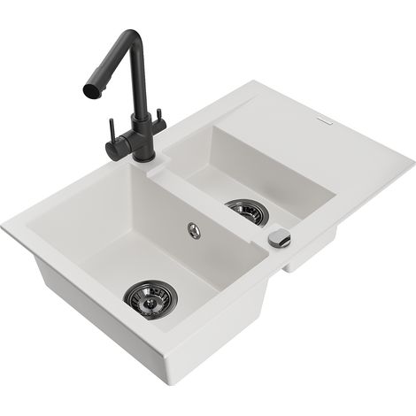 Mexen Gaspar lavello in granito 1,5 vasche con sgocciolatoio e miscelatore da cucina Duero, bianco - 6507-20-671600-70 (1/5)