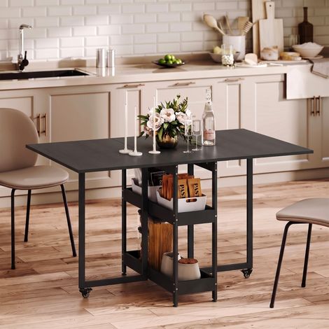 Table à Manger Pliante en Style Industriel pour 4 Personnes, Table avec Étagères Ouvertes et 4 Roulettes, Métal et Panneau de Particules, Table Pliable pour Cuisine et Salle à Manger (Noir) (1/5)