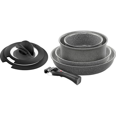 BALLARINI Torre - Set di padelle e pentole, 7 pezzi, rivestimento in ceramica, adatto a induzione, manico rimovibile, due coperchi con manici pieghevoli, in alluminio, grigio