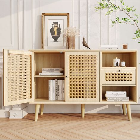 MEUBLIV Buffet bas en chêne 120x40x80 cm avec cannage, 1 tiroir et 2 portes magnétiques (1/5)