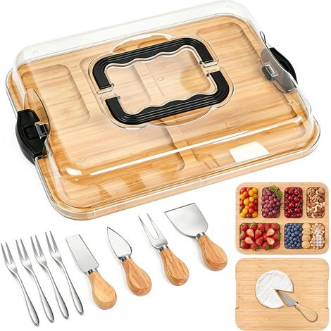 Planche à Fromage en Bambou avec Couvercle Planche de Charcuterie avec Couvercle avec 4 Couteaux + 4 Fourchettes Plateau à Fromage en Bambou pour Apéro, Pique-Nique, Tapas – Idée Cadeau (1/5)