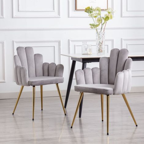 Wahson Esszimmerstühle 2er Set Samt, Muschel-Design Polsterstuhl mit Rückenlehne & Metallbeinen, gepolsterter Armlehnensessel Akzentstühle für Schlafzimmer/Wohnzimmer, Grau