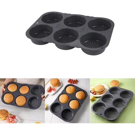 Pain à hamburger en silicone à 6 cavités, poêle à pain avec répartition uniforme de la chaleur, plateau à hamburger flexible, petits pains faits maison, gris, 34,5 x 23,5 cm (1/5)