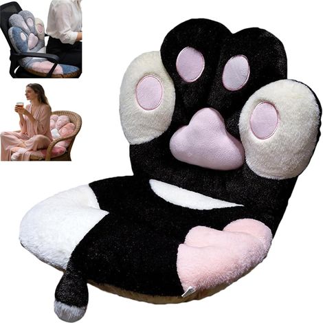 Coussin de chaise de dessin animé en forme de griffe de chaton doux et coussin de siège ergonomique pour adultes, coussin de sol réutilisable avec rembourrage en coton PP pour enfants (noir -S) (1/5)