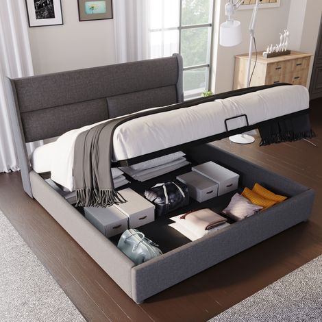 Bett mit Stauraum modern 140x200 cm in grauem Leinenstoff mit verstellbarem Wingback-Kopfteil und Lattenrost (1/5)