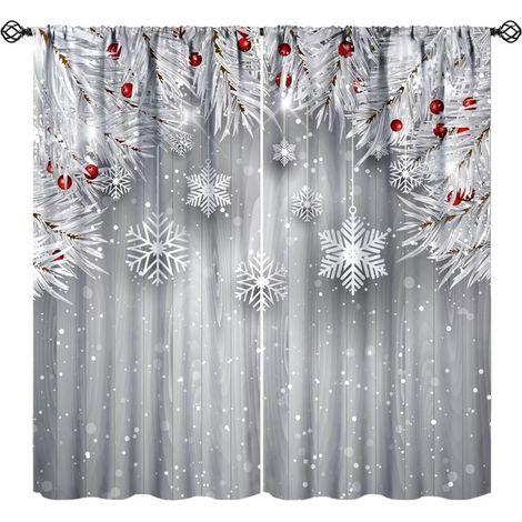 Tende invernali con fiocchi di neve, rami di abete bianco argento, albero di Natale, bacche rosse, tende per finestre con neve per casa, cucina, camera da letto, soggiorno, 120 x 180 cm (1/5)