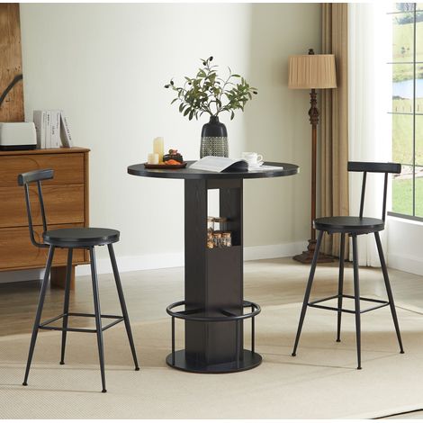 Conjunto de mesa alta redonda y 2 taburetes de aglomerado y acero negro, Ø80 cm, con estantes de almacenaje (1/5)