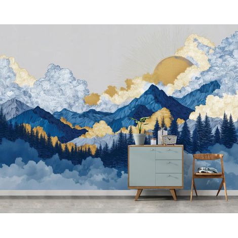 Fototapete Berge Wald Aquarell, für Wohnzimmer und Schlafzimmer, 150 x 105 cm – Komplettset inkl. Kleister & Anleitung (1/5)