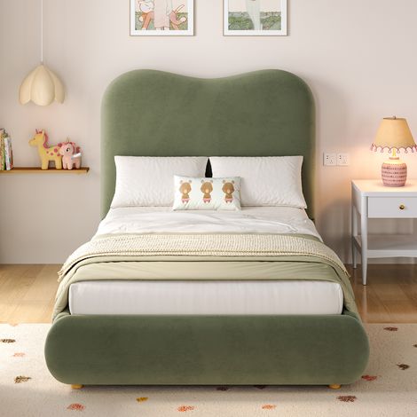 Cama arca 90x200 cm - Con cabecero - Con somier de lamas - En terciopelo - Verde - Sin colchón (1/5)