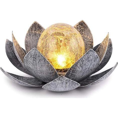 Lotusförmige LED-Solarlampe mit gesprungener Glaskugel – Gartendekoration – Solarlaterne aus Metall – Seerose – Tischleuchte für den Außenbereich (silber-schwarz) (1/5)
