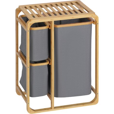 Panier linge bambou 3 sacs amovibles gris naturel trieur avec plateforme rangement 50 x 32 x 69,7 cm salle bain chambre (1/5)