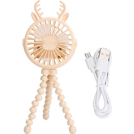 Ventilateur de poussette jaune avec pince trépied flexible, sans fil, 3 vitesses, éclairage LED en forme de cornes de cerf cartoon, rotation à 360°, pour poussette (1/5)
