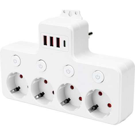 Multiprise 4 Prises avec USB-C et 3 USB-A, interrupteurs individuels avec Voyant Lumineux, sécurité Enfant et Protection Contre Les surtensions – pour Bureau, Maison, Cuisine, Voyages (1/5)