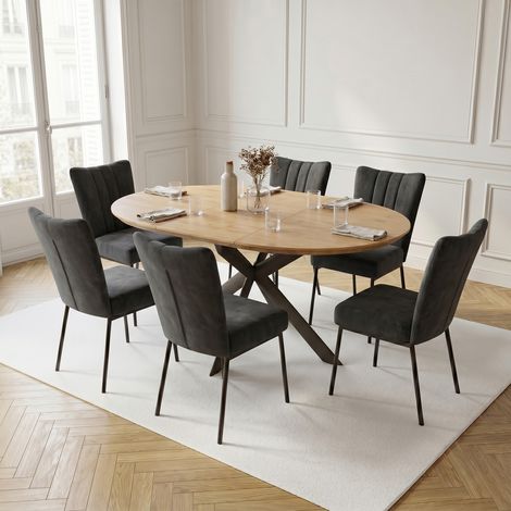 Ensemble de table à manger ronde extensible, plateau rond en MDF finition chêne (110-150 cm), style moderne et contemporain pour la salle à manger et la cuisine (6 chaises, velours, Noir)