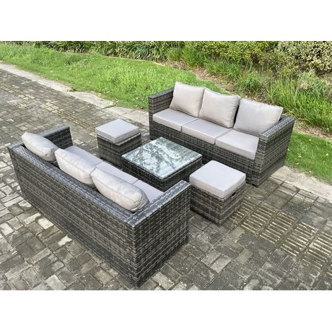 Fimous Rattan Garden Furniture Set 8 Seater Patio Outdoor Lounge Sofa Set with Square Coffee Table 2 Small Footstools Dark Grey Mixed (1/5)