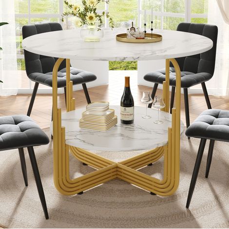 Tavolo da pranzo rotondo 80x80x76 cm oro in MDF effetto marmo con vano portaoggetti e piedini regolabili (1/5)