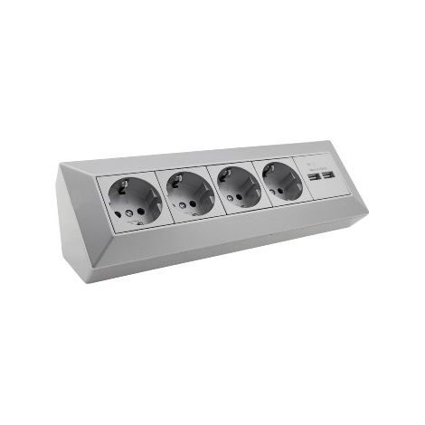 4-fach Steckdosenblock + 2x USB, silber, ideal für Arbeitsplatten