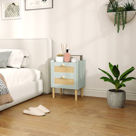 Commode design bohème en résine tressée avec 2 tiroirs, meuble de rangement 39,8 x 30 x 52,5 cm, vert olive (1/5)
