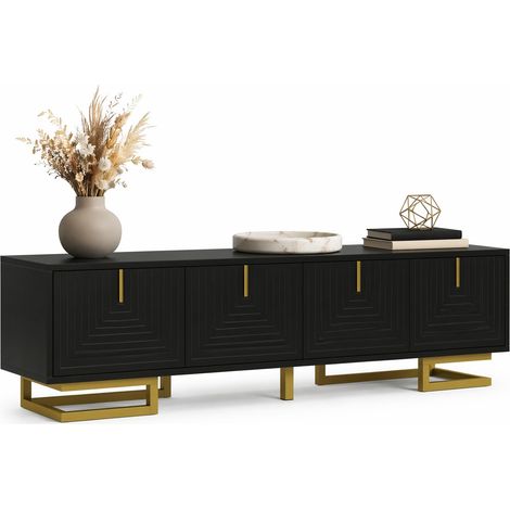 Meuble TV 160 cm noir avec 4 portes texturées, rangements intégrés, poignées et pieds dorés réglables en métal, style moderne pour salon élégant CHICFURN (1/5)