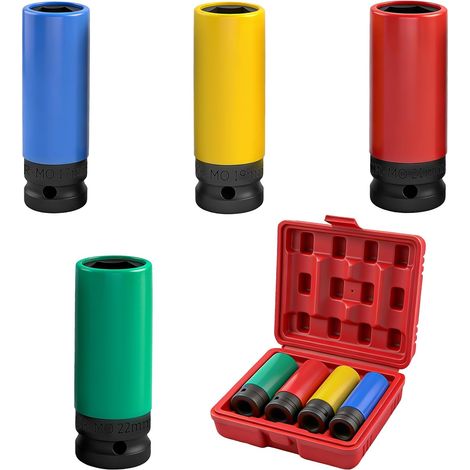 Lot de 4 douilles pour visseuse à percussion 1/2", 17/19/21/22 mm, convient pour changer les pneus et les jantes, compatible avec les clés électriques et pneumatiques (1/5)