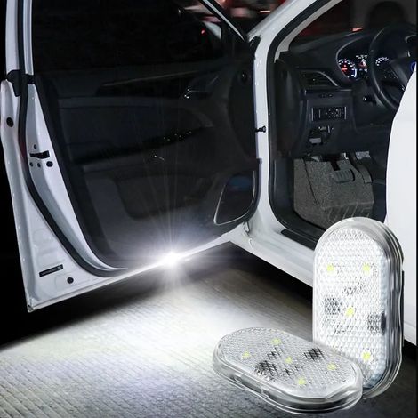(6500K - 4 pièces bleues) 4 lampes LED de portière de voiture, rechargeables par USB, magnétiques sans fil, avec éclairage d'accueil et signal anti-collision. Éclairage pour véhicules. (1/4)
