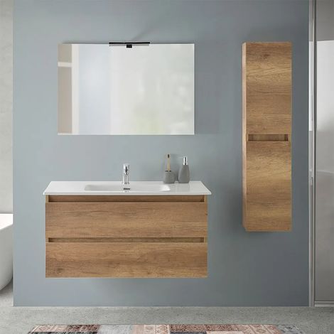 Mobile bagno sospeso 100 cm rovere naturale con pensile H 125 cm Nadia (1/5)