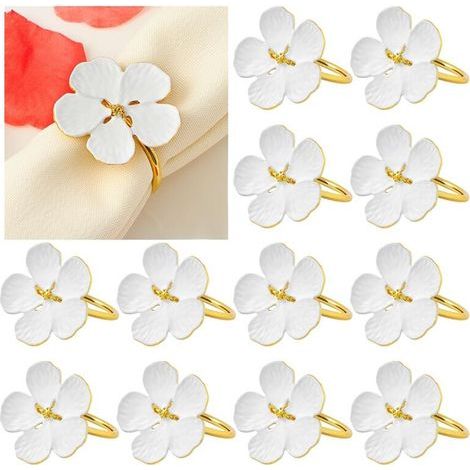 Lot de 12 Ronds de Serviette en Métal à Motif Floral Blanc et Doré, pour Mariage, Anniversaire. (1/4)
